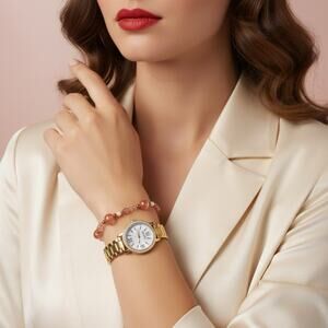 Kessaris Gold Tone Watch + Pink Gemstone Bracelet Set New Battery | Gift Bundle